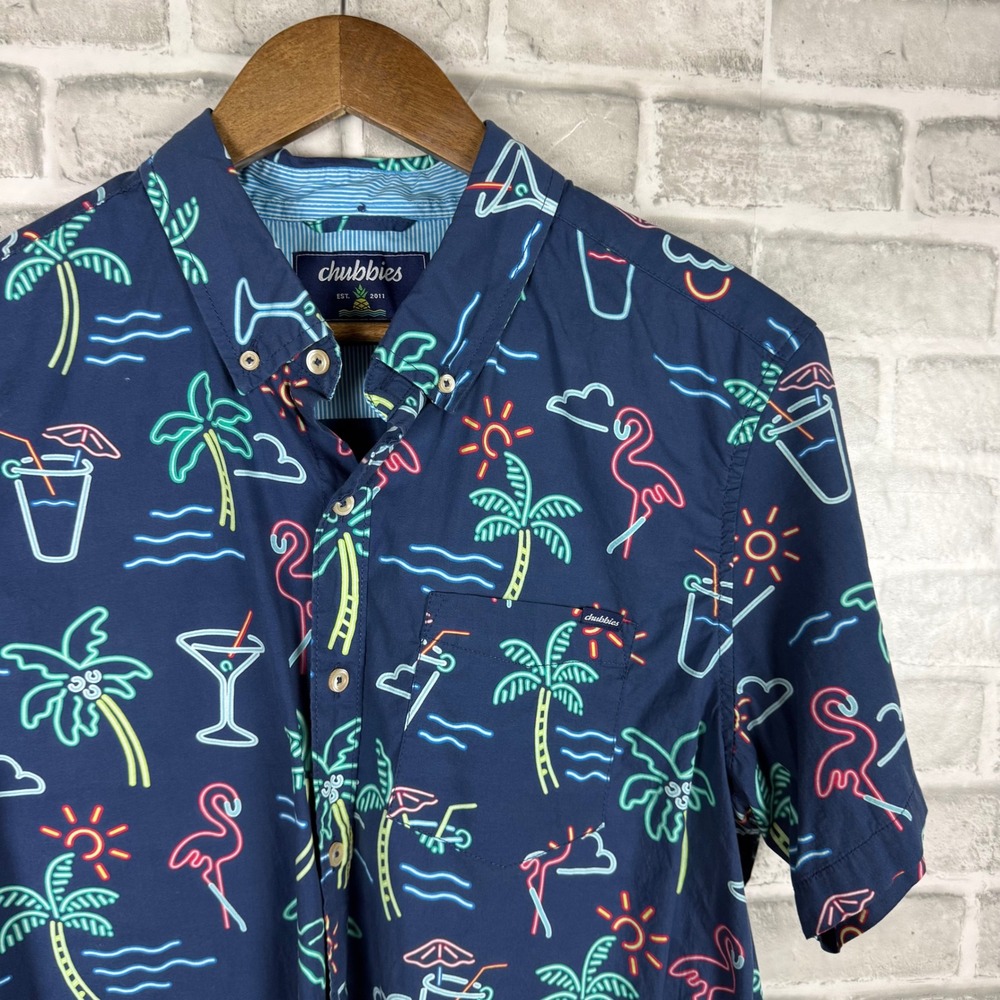 Chubbies Mens Large Neon Flamingo Palm Tree Short Sleeve Button Down Shirt Navy